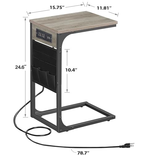 C Shaped End Table with Charging Station, Side Table for Sofa, Couch 2 Greige