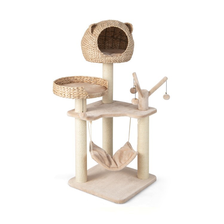 Cat Tree Cat Tower Scratching Post Cat Condo w/Hammock & Rotatable Hanging Balls