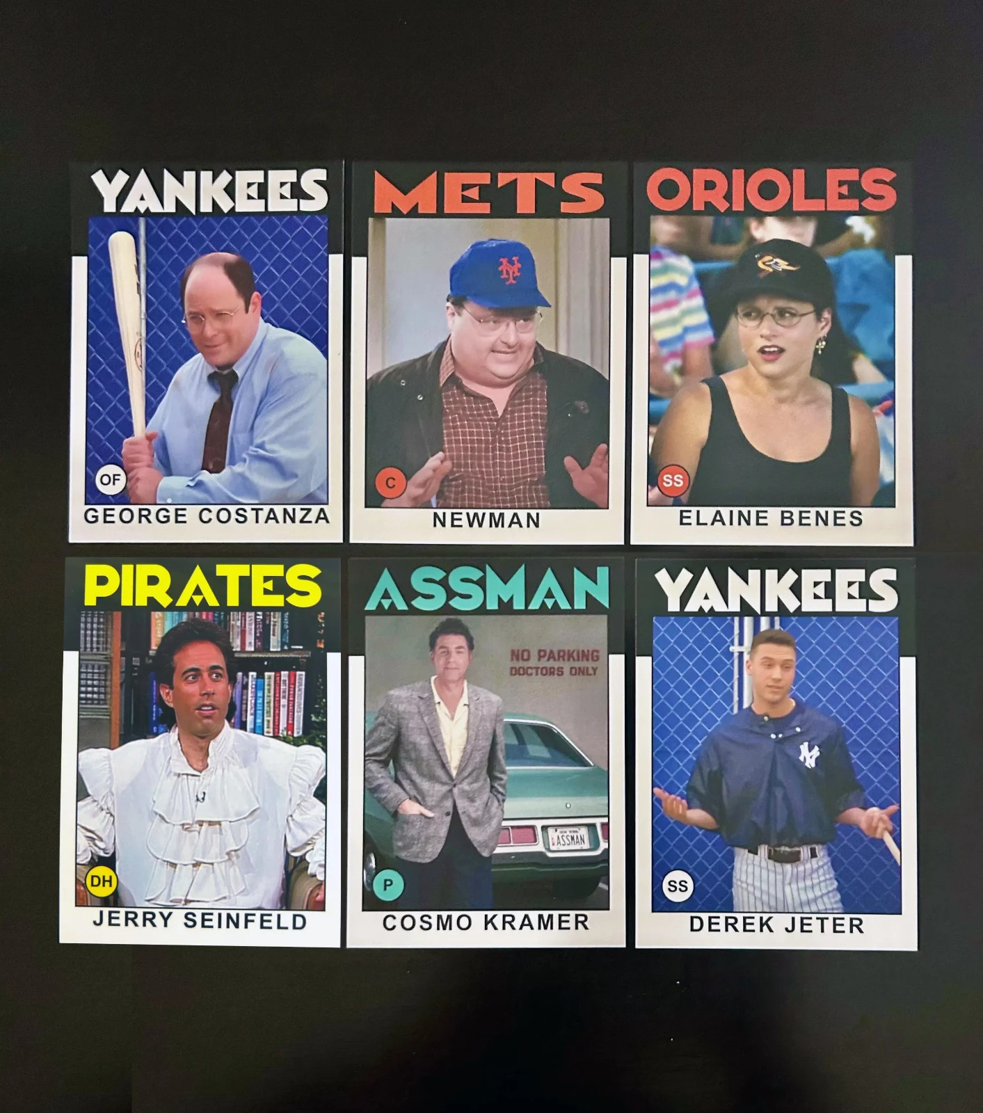 (6) SEINFELD Jerry, George, Elaine, Kramer, Newman, Jeter -Custom Baseball Cards