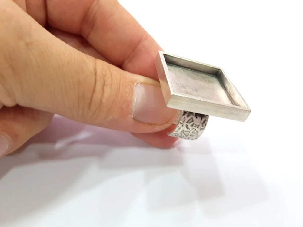 Square Ring Blank Setting Cabochon Base inlay Bezel Adjustable Antique Silver