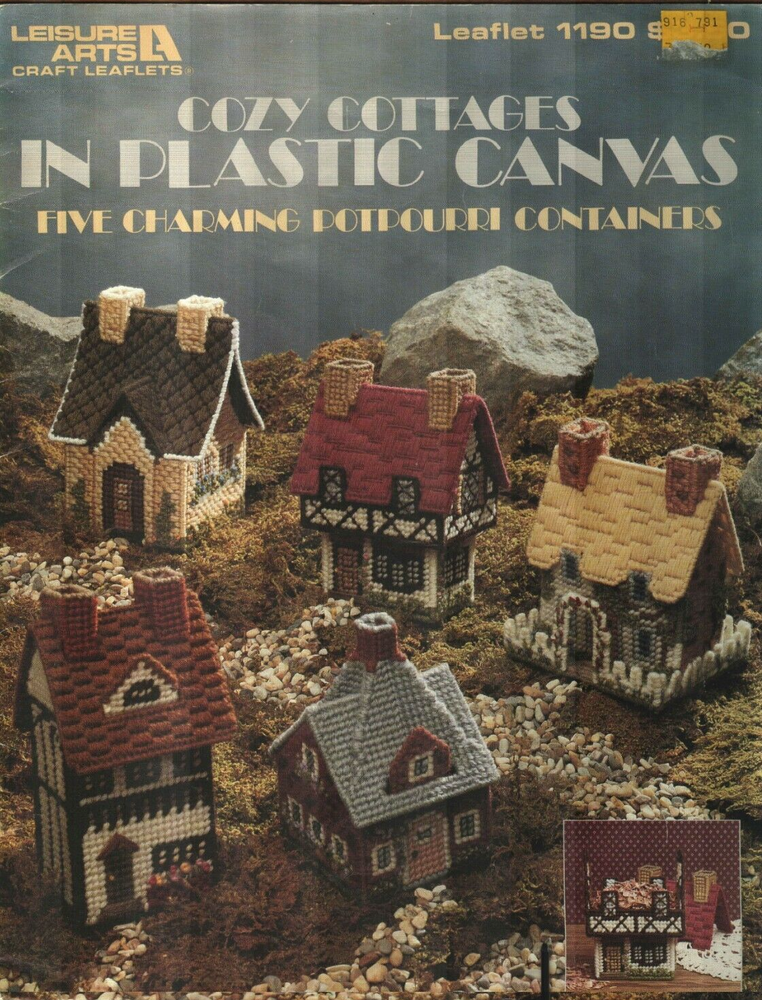 USED COZY COTTAGES 5 CHARMING POTPOURRI CONTAINERS PLASTIC CANVAS PATTERN BOOK