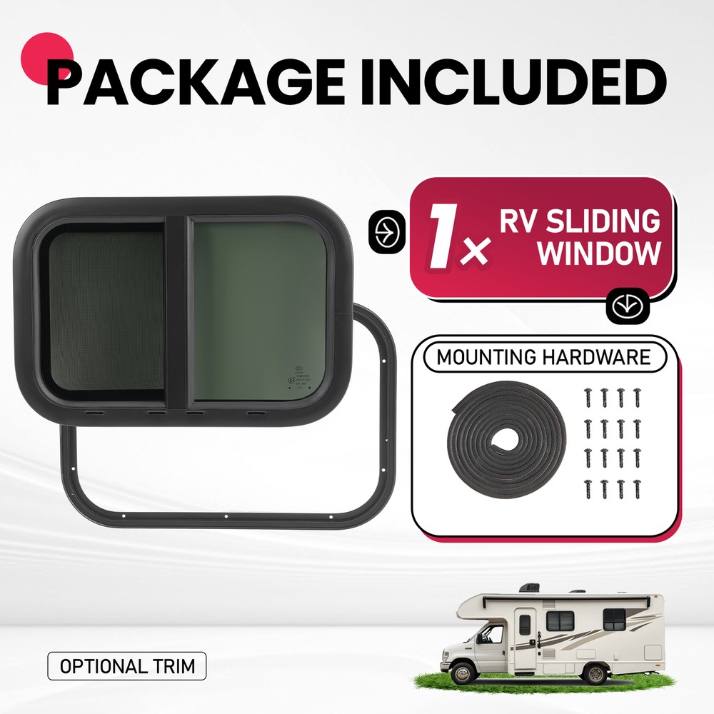 21" X 14" Teardrop Horizontal Sliding Replacement RV Window w/ Screen & Trim
