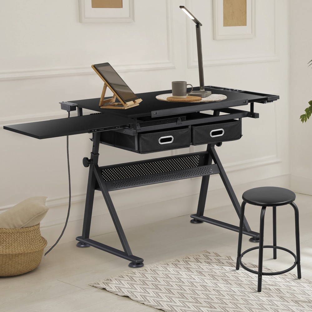 Drafting Desk Drawing Table Adjustable w/ Stool Arts & Charging Station Black