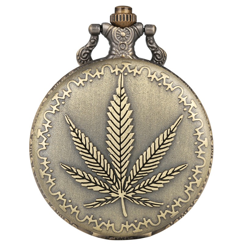 Bronze Engraved Leaf Pattern Full Hunter Quartz Pocket Watch Arabic Number Dial