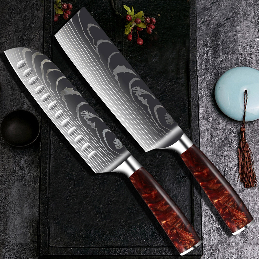Japanese Damascus Pattern Chef Knives Stainless Steel Cleaver Kitchen Knife Set