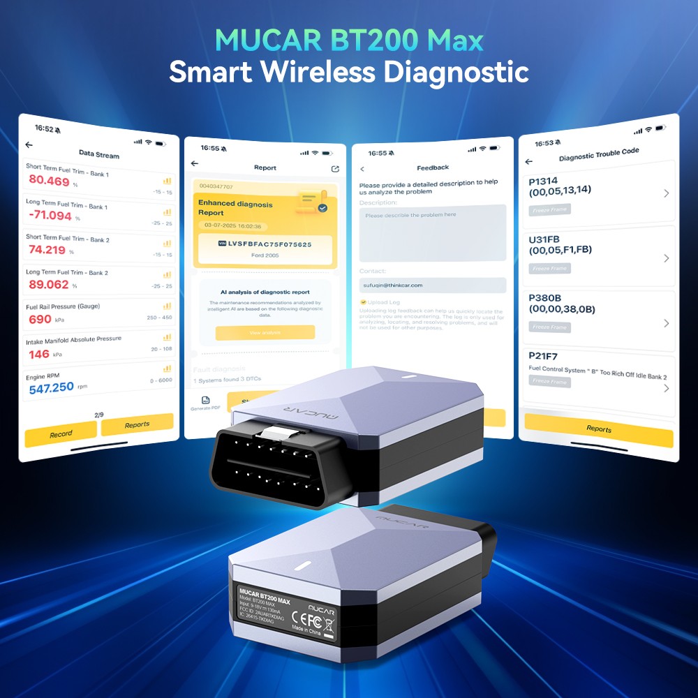 MUCAR BT200 MAX Car All System AI Diagnostic Tool 15 Reset OBD2 Scan Code Reader
