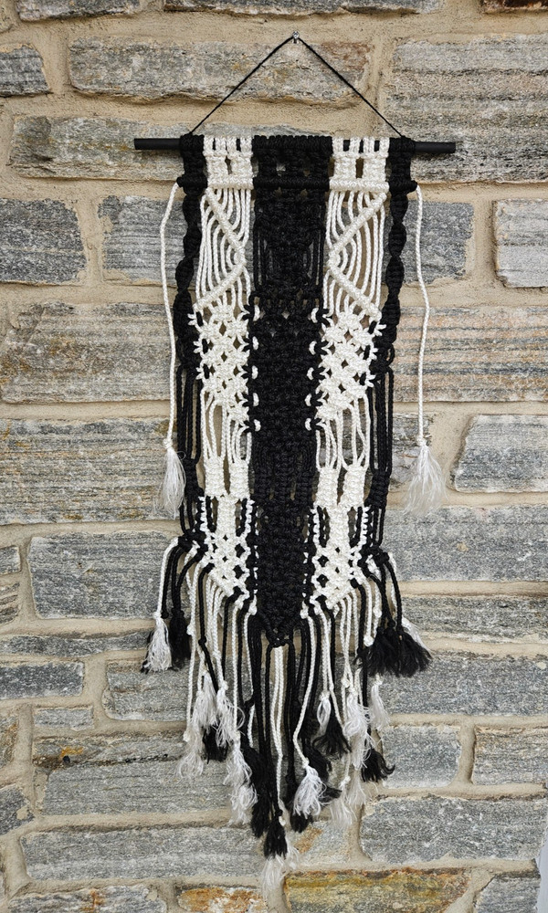 Macrame Wall Hanging 13"x 42" BOHO Style Macrame Wall Decor Black White
