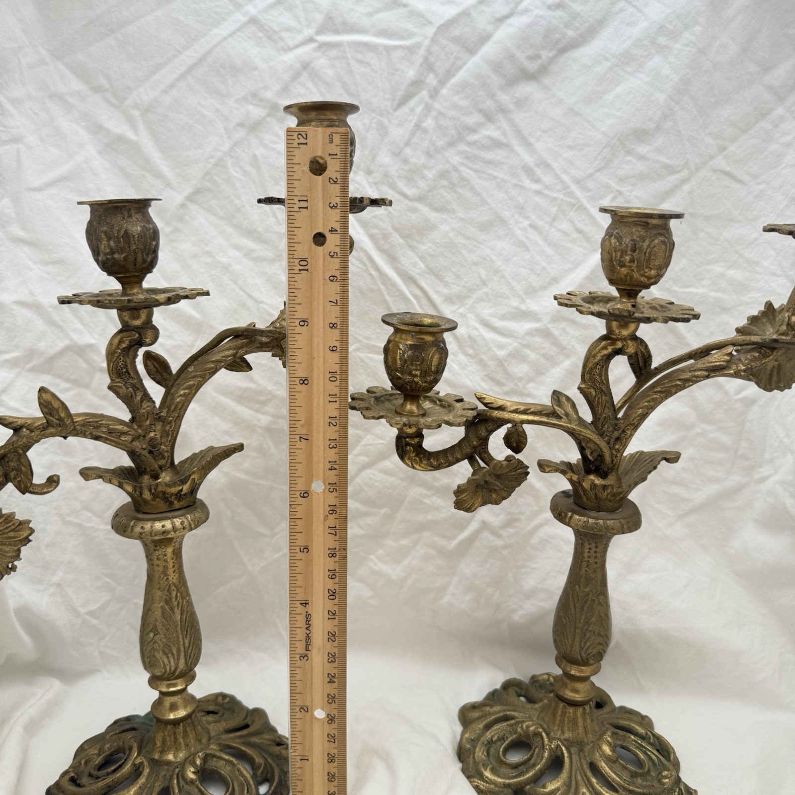 Vtg Triple Candelabra Ornate Floral Heavy Brass Candlesticks Candle Holders Pair