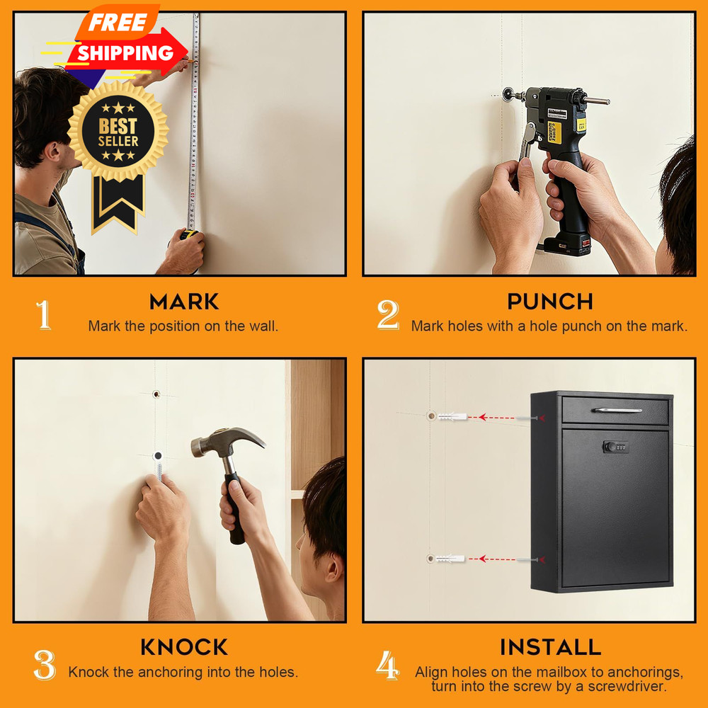 xydled Wall Mount Mailboxes with Combination XL Large, Black Lock