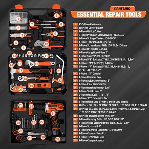 255-Piece Tool Set - Tool Kit with 12V Cordless Drill Driver, Toolbox Orange