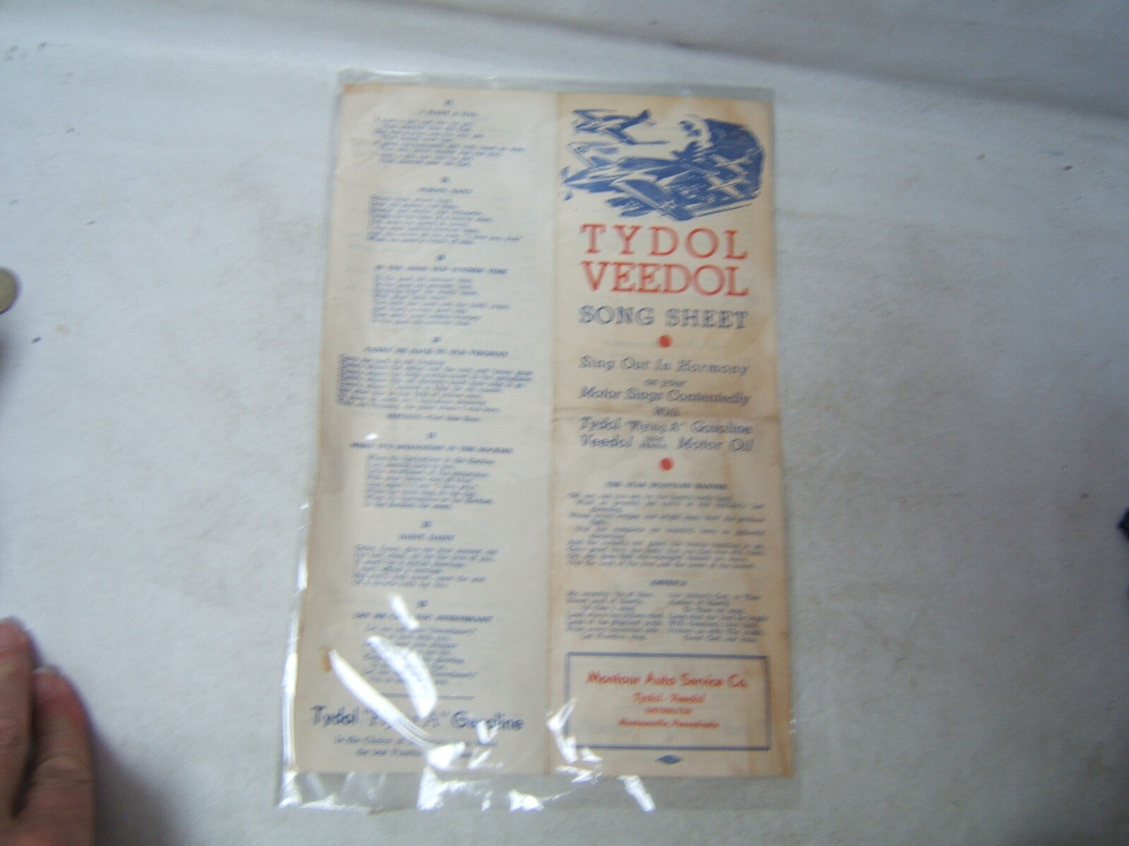 Vintage Tydol Veedol Song Sheet Montoursville PA 33 Songs