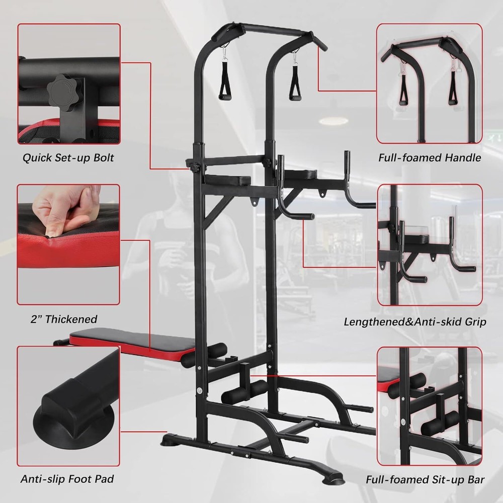 Power Tower with Bench Pull Up Bar Dip Station Gym Strength Training Adjustable