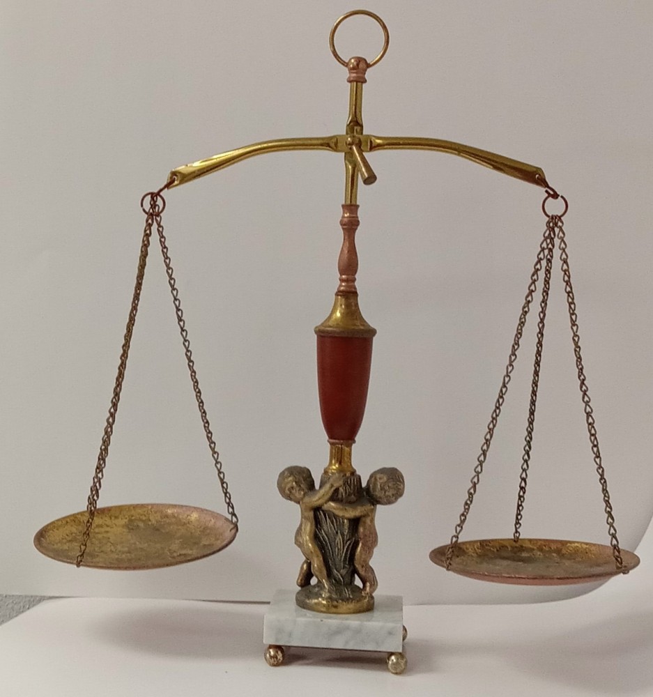 Vinatge Solid Brass and Marble Cherub Balance Scale, 19"