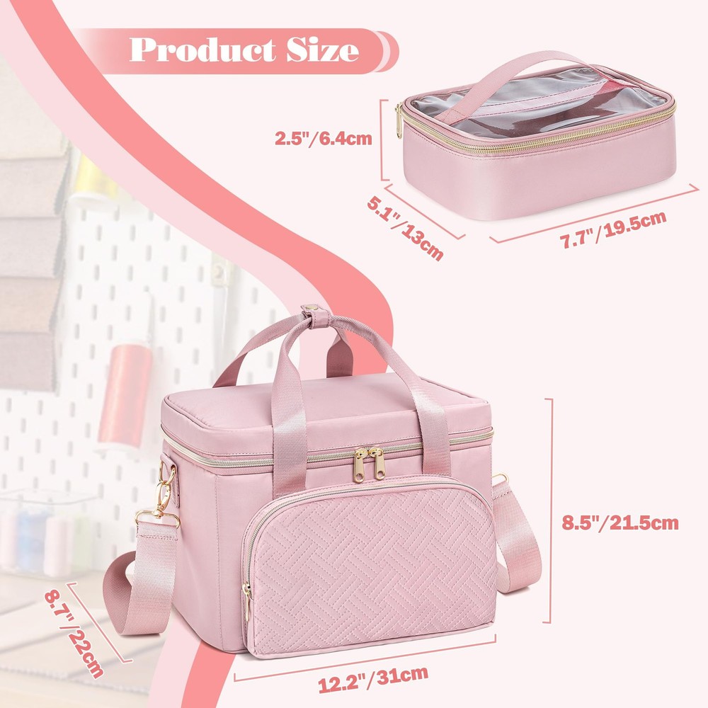 Pink Large Double-Layer Sewing Storage Organizer Bag Detachable Compartment