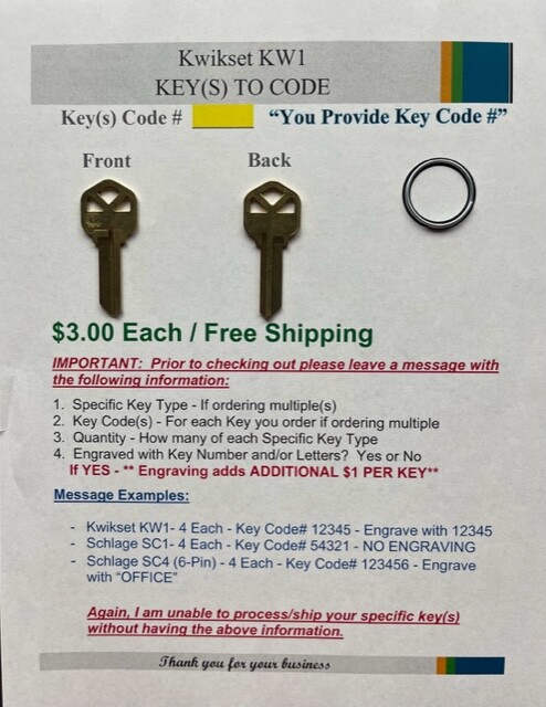 Kwikset Schlage American Yale - Keys Cut to Code - Computerized Cut - 4 Total