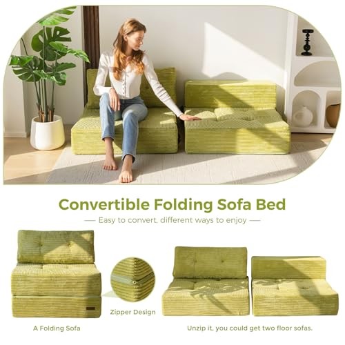 Folding Sofa Bed, Convertible Sofa Bed with High-Density Support Large Green