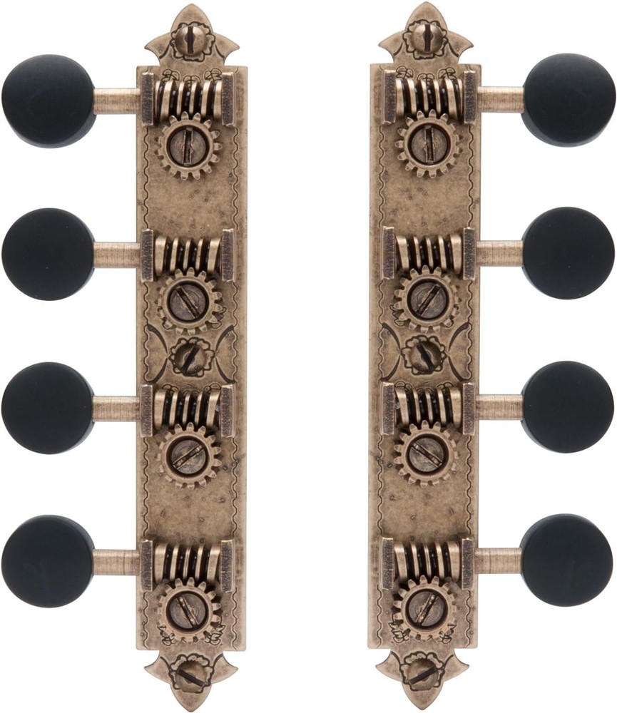 Golden Age A-style Mandolin Tuners, Relic brass with black knobs