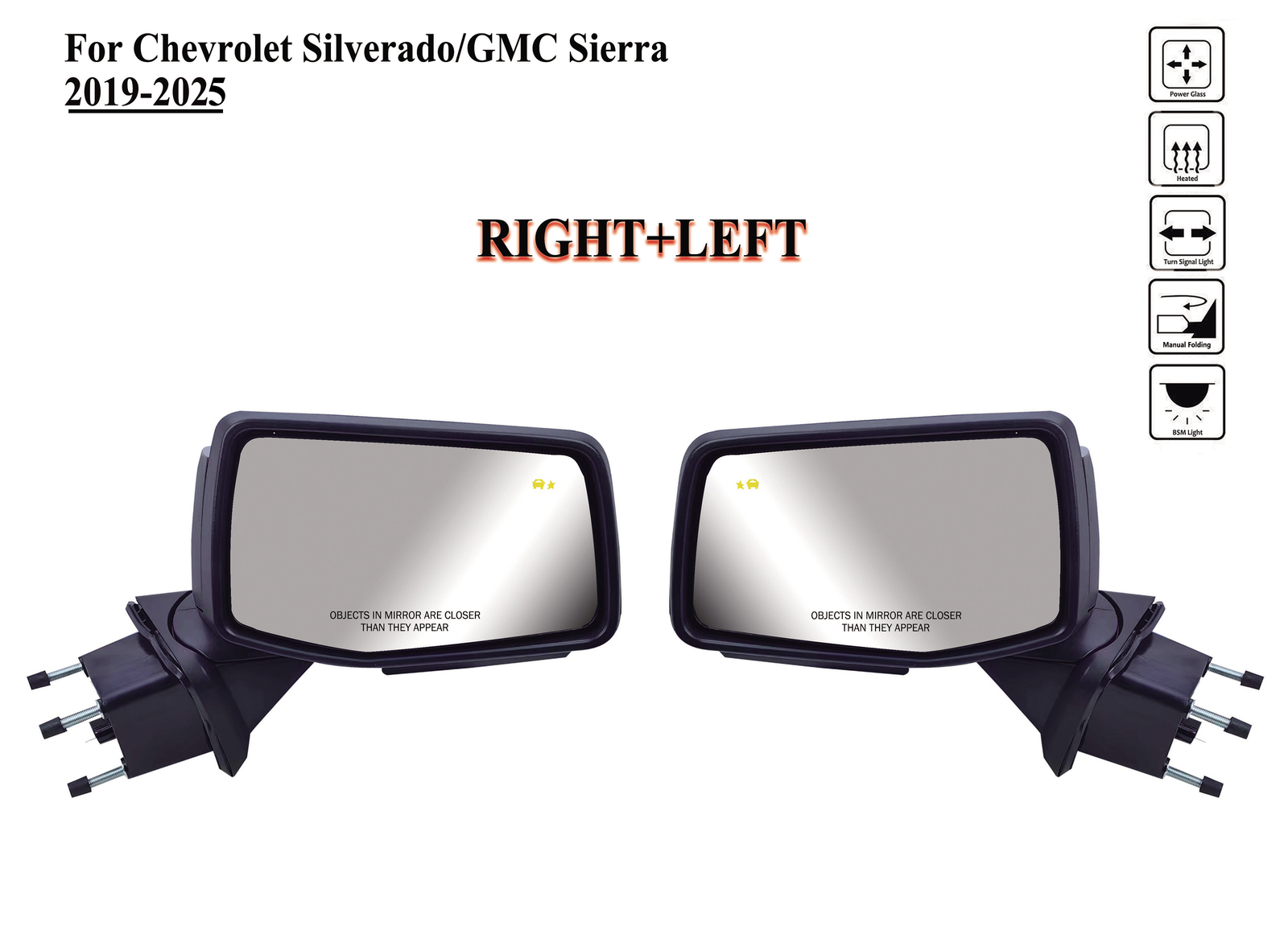 Pair Left+Right Side Door Mirror Power And Light For 19-25 Chevy Silverado 1500