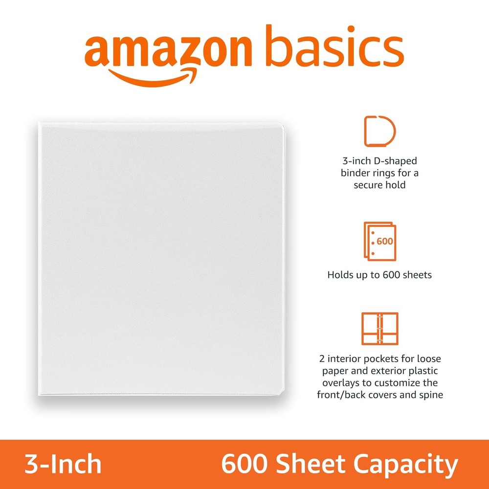 Amazon Basics 3 Ring Binders, 3 Inch, 2 Pack, D-Ring Organizer for School, Home