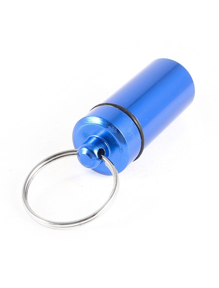 Blue Aluminum Keychain Cylinder Shape Pill Holder Box Case Bottle Container