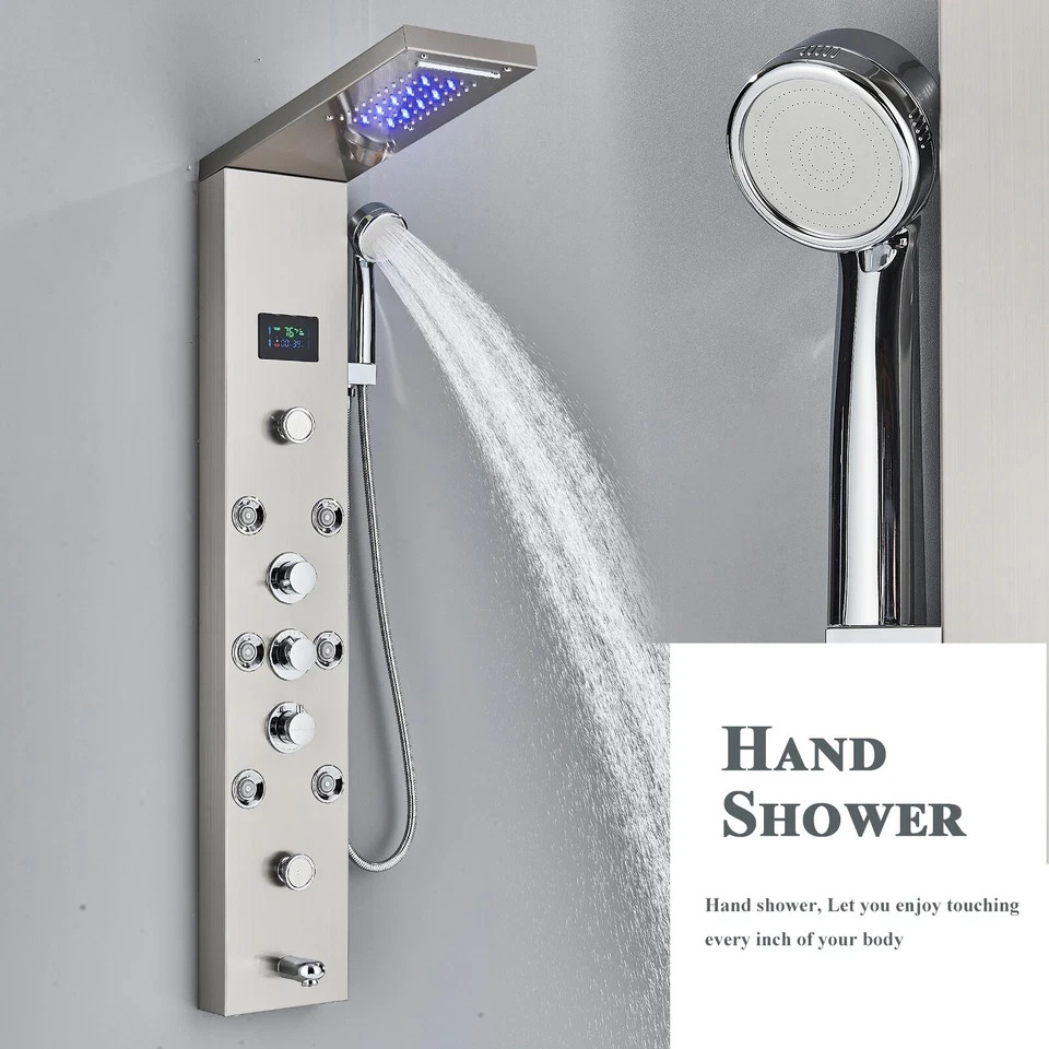 Rain Shower Panel Tower System Stainless Steel 6-Function Faucet LED Shower Head