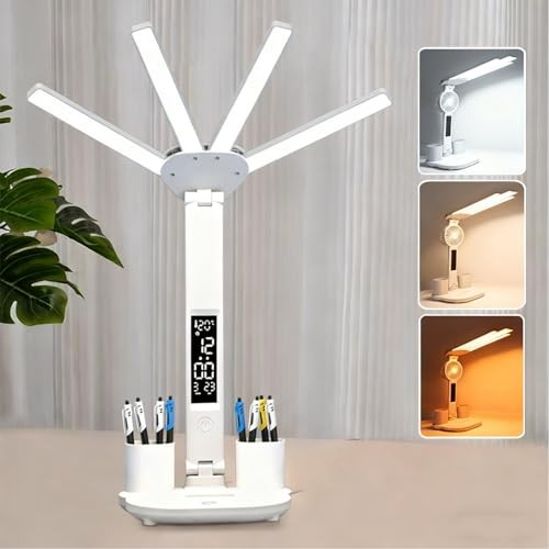 Led Desk Lamp with Clock Foldable Study Lamp 3 Lighting Modes Table with clock