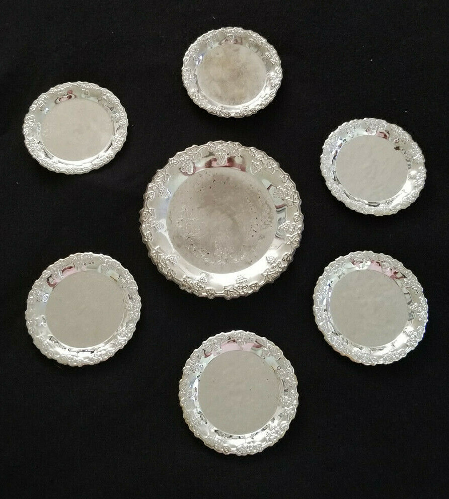 Silver Plated Wine Bottle Coaster & 6 Glasses Coaster Set  (7 Piece Set)