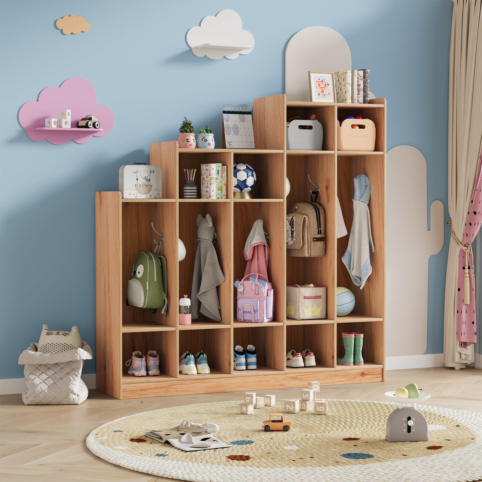 Classroom Coat Locker 5-Section 9 Cubbies 10 Hooks Natural Wood for Home School