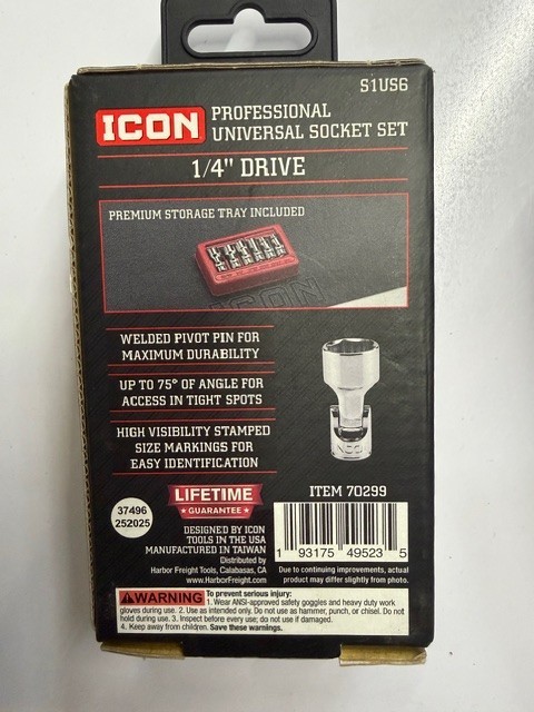 ICON S1US6 PROFESSIONAL UNIVERSAL SOCKET SET SAE 1/4" DRIVE