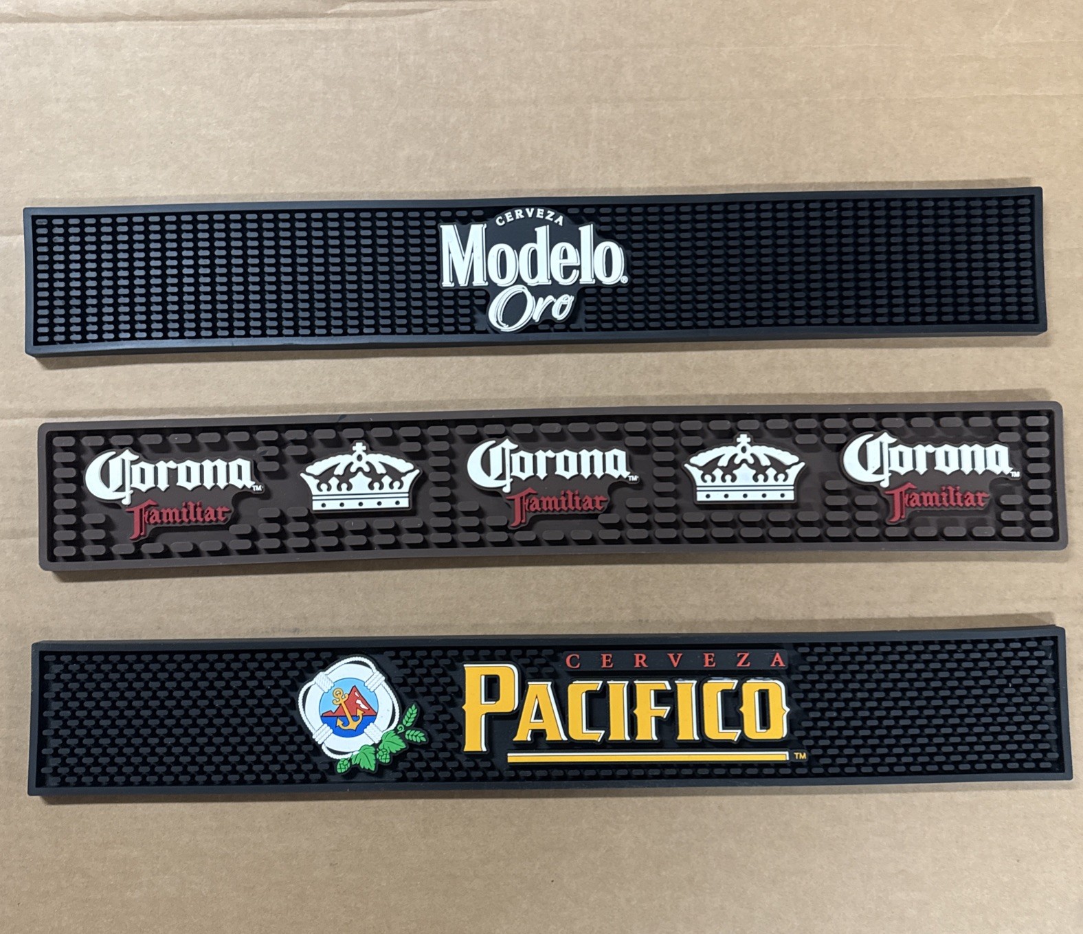 3 Bar Mats Pacifico +Modelo Oro + Corona Familiar New Never Used Rubber Bar Mat