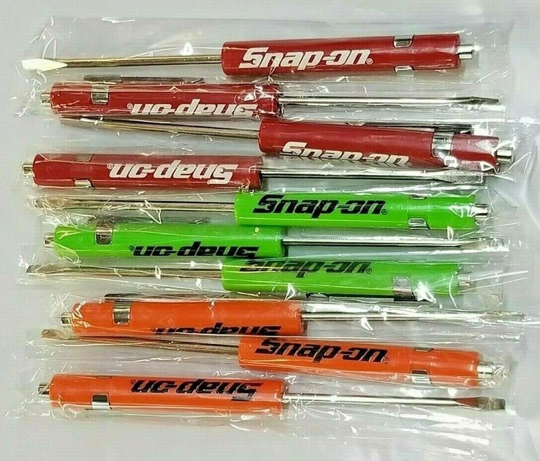 (10)TEN Snap on Pocket Screwdriver Flat Tip Screwdrivers, Magnet End, MIXED .NEW
