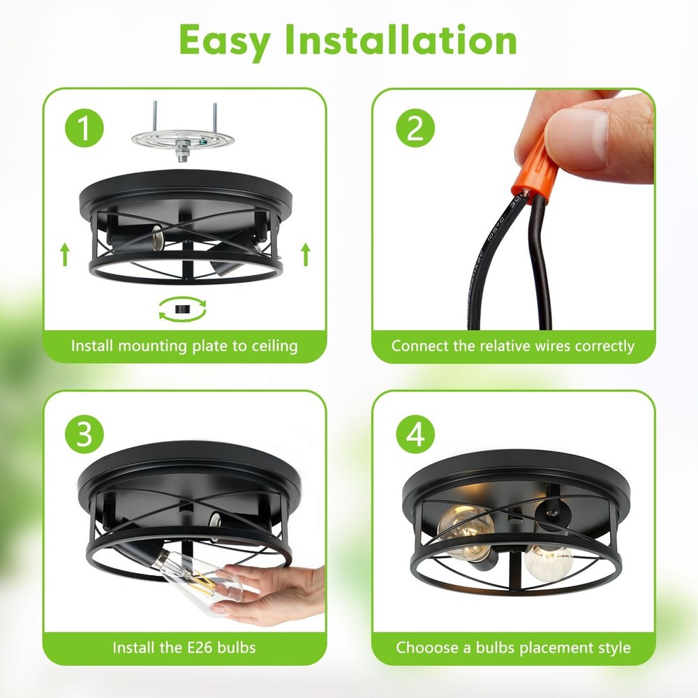 2 Pack Farmhouse Ceiling Light - Dimmable Rustic Black Flush Mount E26(not in...