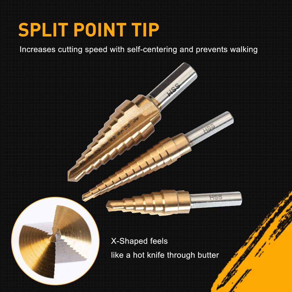 Step Drill Bit Set, 3PCS Titanium High Speed Steel Drill Bits, Step Bits for ...