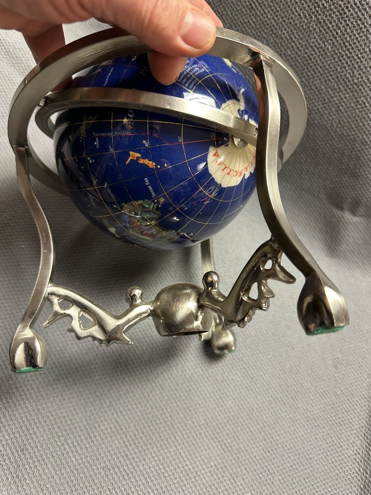 10 Inch Decorative Gemstone Inlaid World Globe With Solid Brass Three.