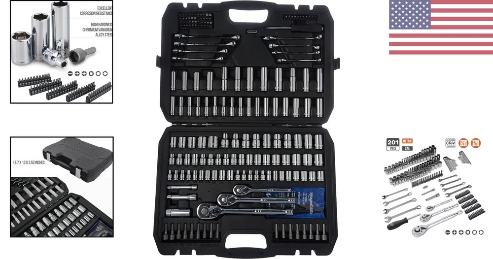201-Piece Socket Set - Metric & SAE Sizes - Chrome-Vanadium Steel - Durable Case
