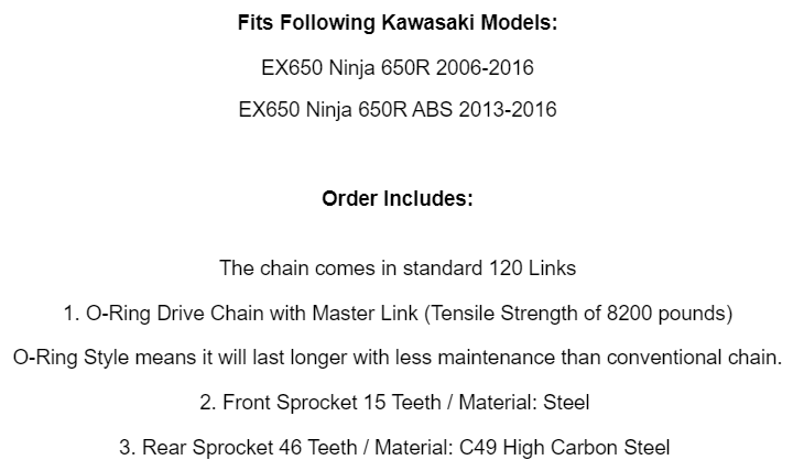 Red O-Ring Drive Chain & Sprockets Kit for Kawasaki EX650 Ninja 650R 2006-2016
