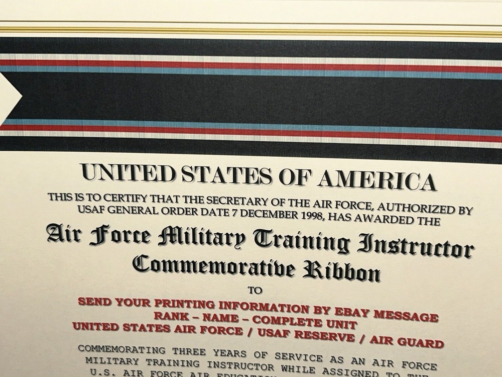 U.S. AIR FORCE TRAINING INSTRUCTOR COMMEMORATIVE CERTIFICATE ~ W/PRINTING TYPE-1