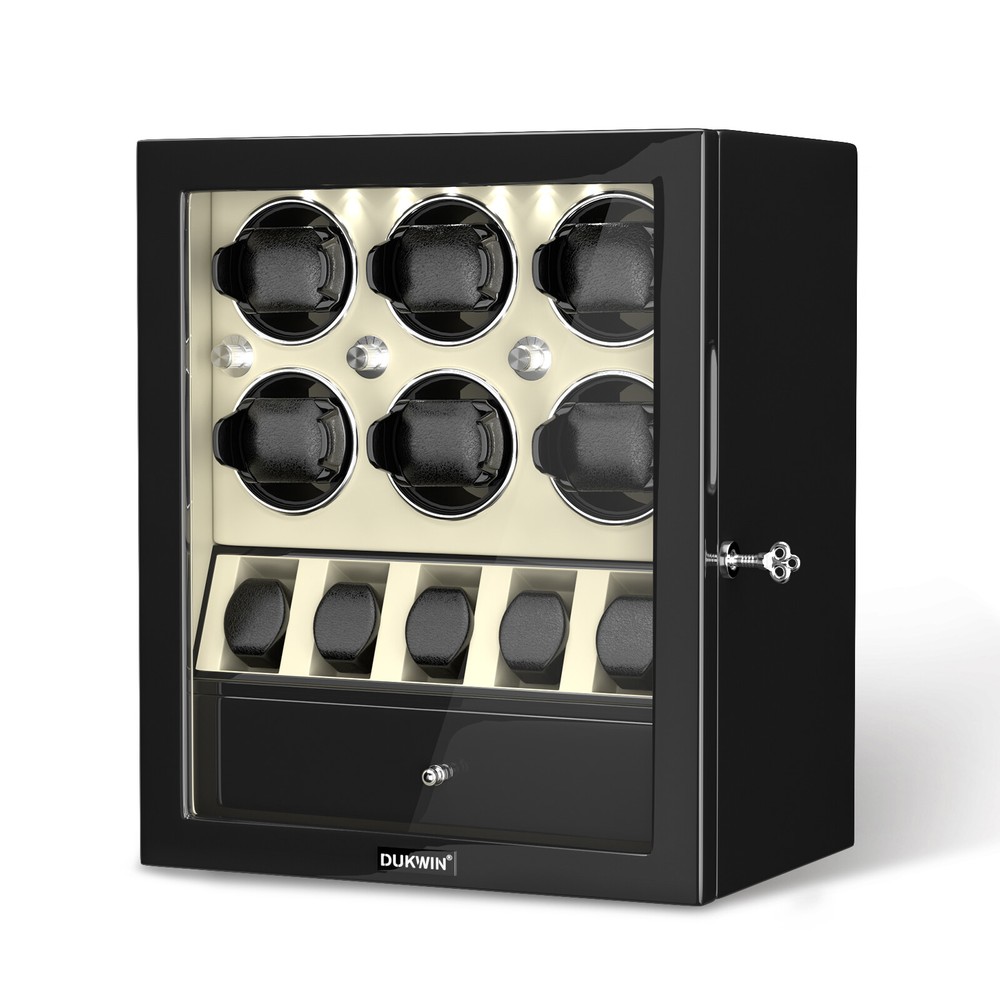 Automatic 6 Watch Winder with 5 Extra Watches Display Storage Box LED Light Gift