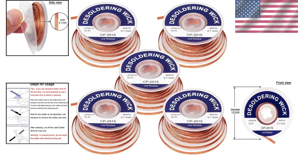 Solder Wick Braid 10ft - 5Pcs No-Clean Desoldering Tool
