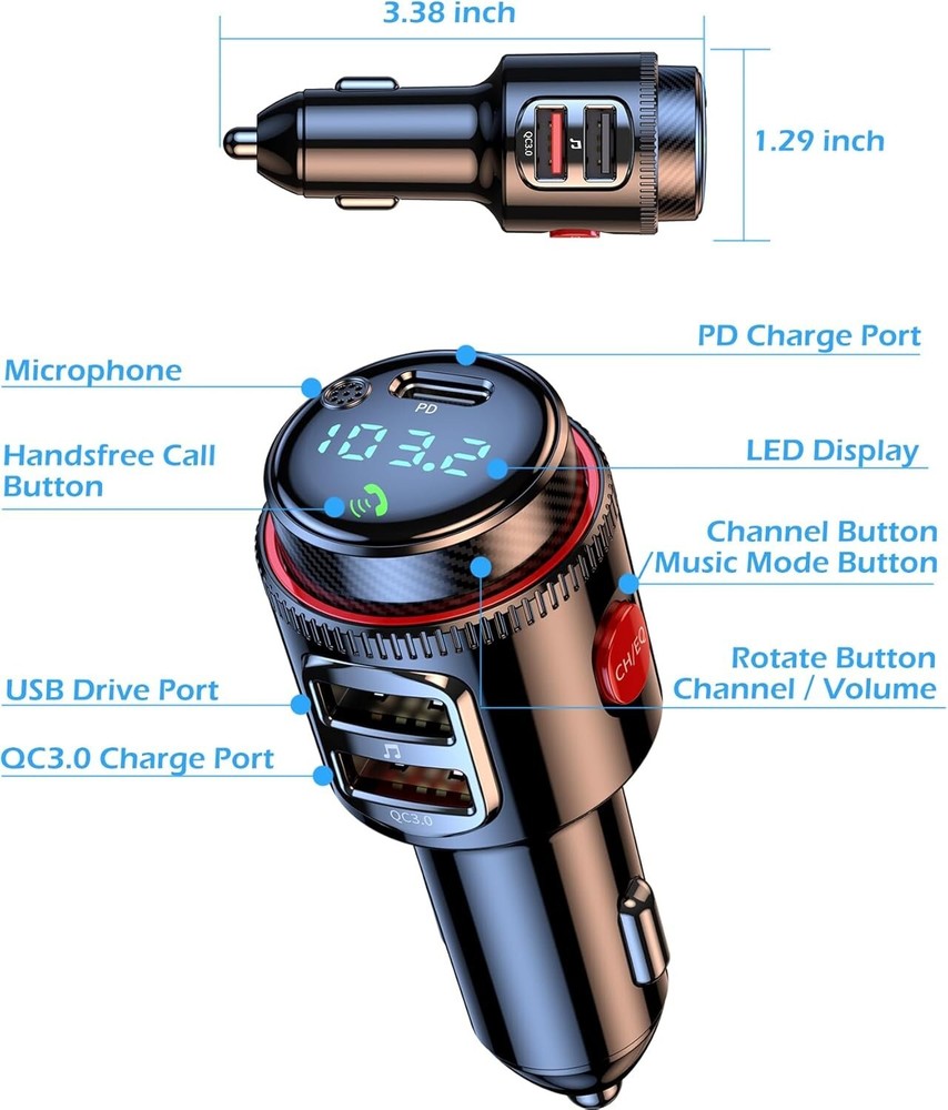 Bluetooth Car Radio Adapter Wireless FM Transmitter QC3.0 & PD Fast Charger MP3