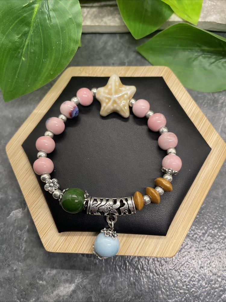 Handmade Ceramic Bead Beaded Stackable 6.5” Plus Stretch Bracelet New B313