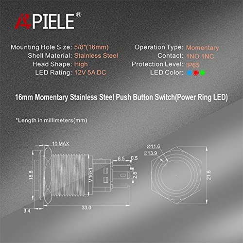 16mm 12V Momentary Speaker Horn Push Button Toggle Switch Blue/ Silver Shell