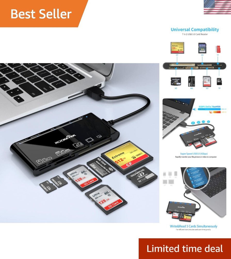 USB 3.0 Memory Card Reader, 7 in 1 Adapter Hub, for SD, CF, TF, Micro SD, XD, MS