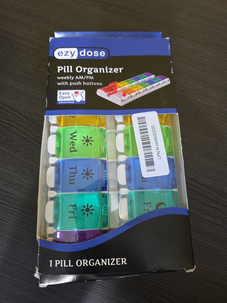 NIB Ezy Dose Pill Organizer Weekly AM/PM with Push Button Color Coded Free Ship