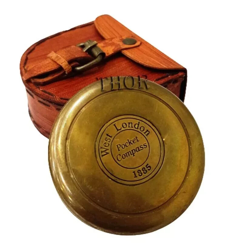 Authentic Designer Style Brass Pocket Compass with Leather Case Rustic Vintage