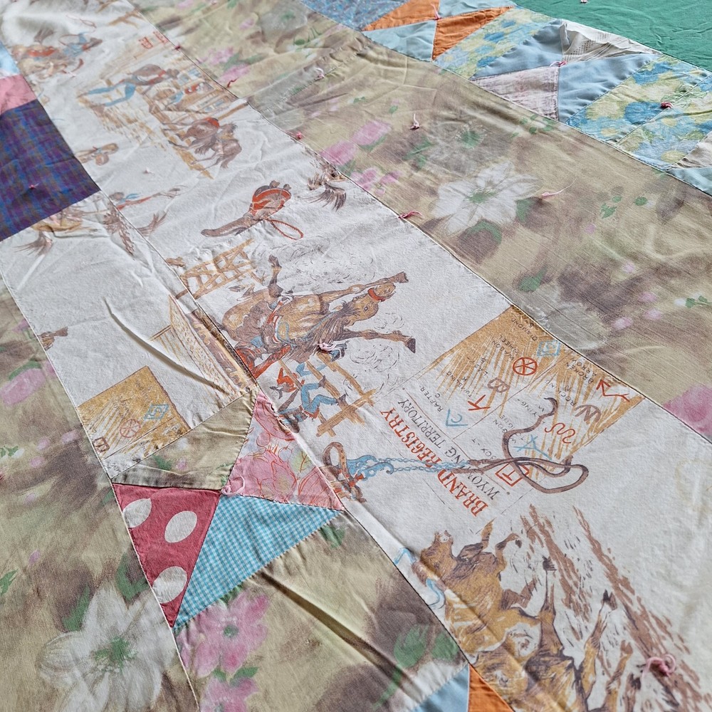 VTG  Handmade Patchwork Quilt Block Pattern 70"x90" Horse Theme Cutter Display