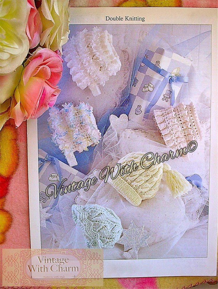 LARGE PRINT Knitting Pattern 4 Styles Baby Bonnets & 1 Hat. 3 Sizes