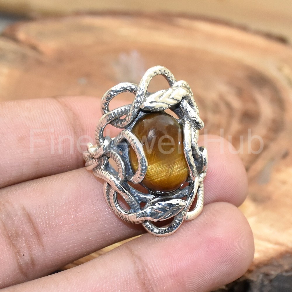 Natural Tiger Eye Ring, 925 Sterling Silver, Handmade Snake Ring Statement Ring