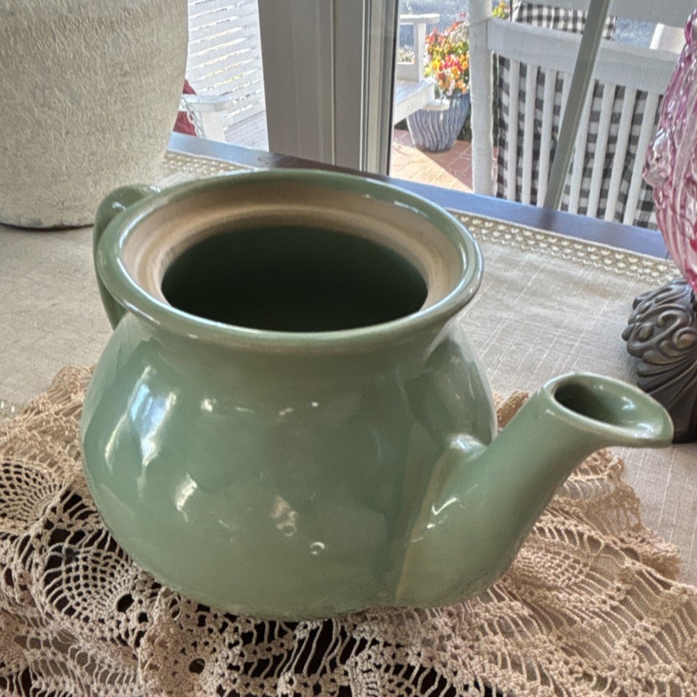 Green Ceramic Round Teapot Glossy Solid Pottery with Lid USA Impressed Mark