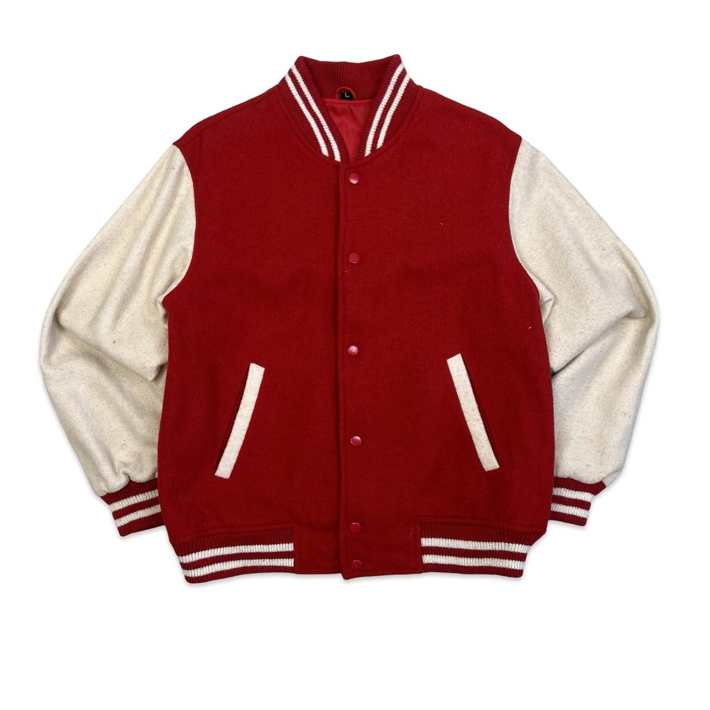 Vintage 1980s Two Tone Red & White Wool Varsity Jacket Medium